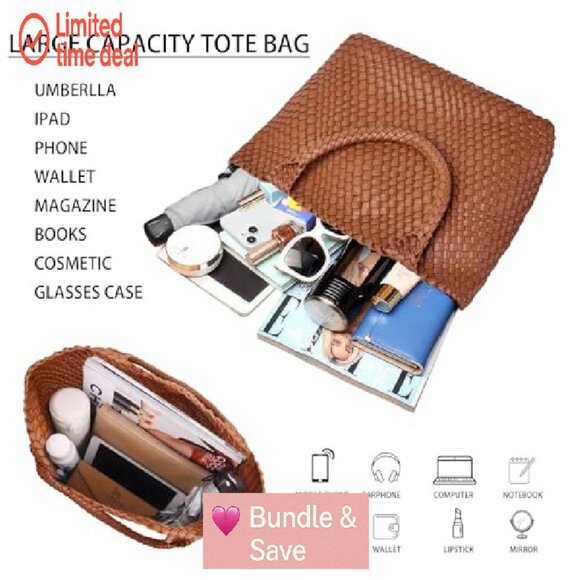 Woven Vegan Leather Tote Bag with Zippered Pouch, Large Capacity - Picture 3 of 8